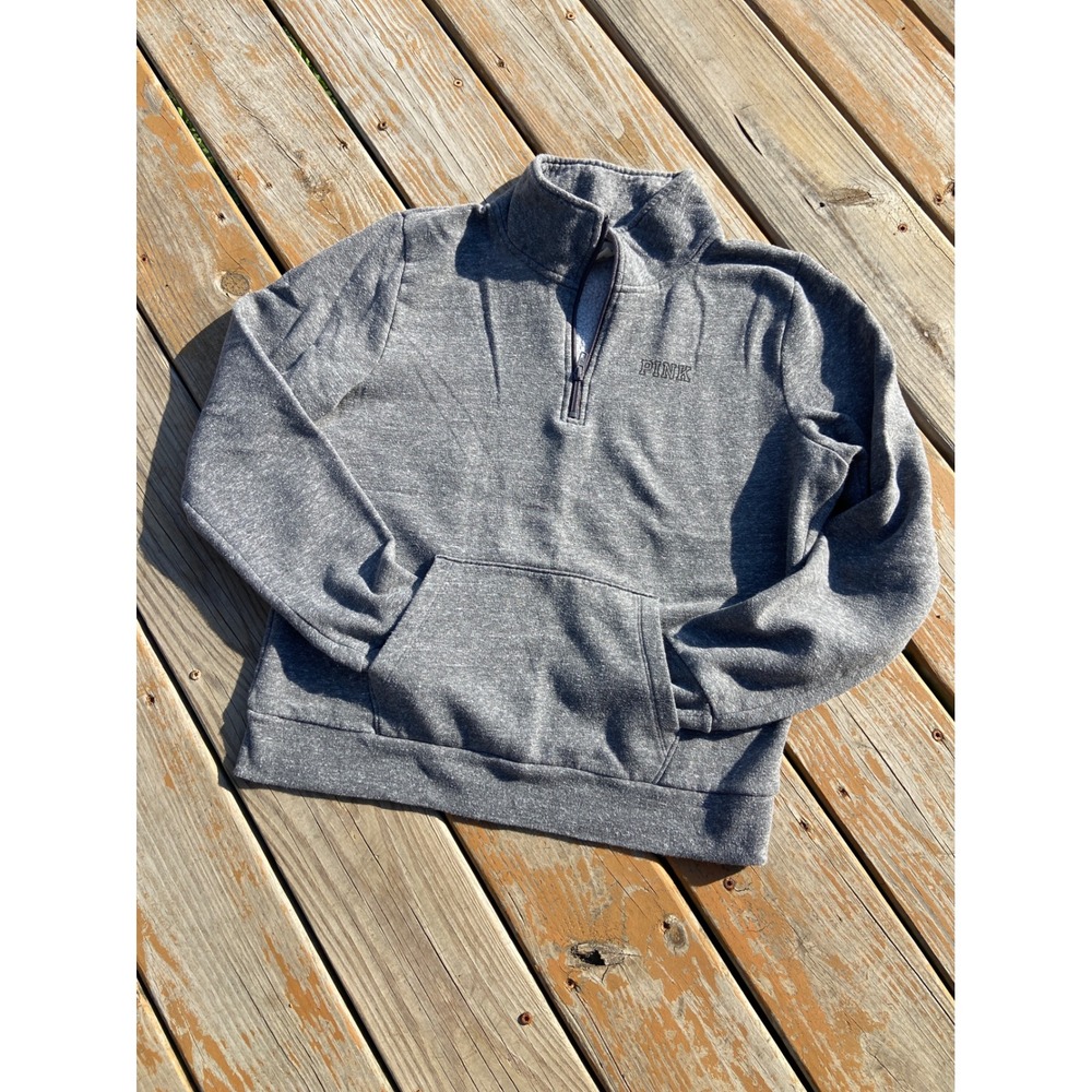 Victoria's Secret PINK Womens Large Quarter Zip Pullover Sweatshirt Gray Heather